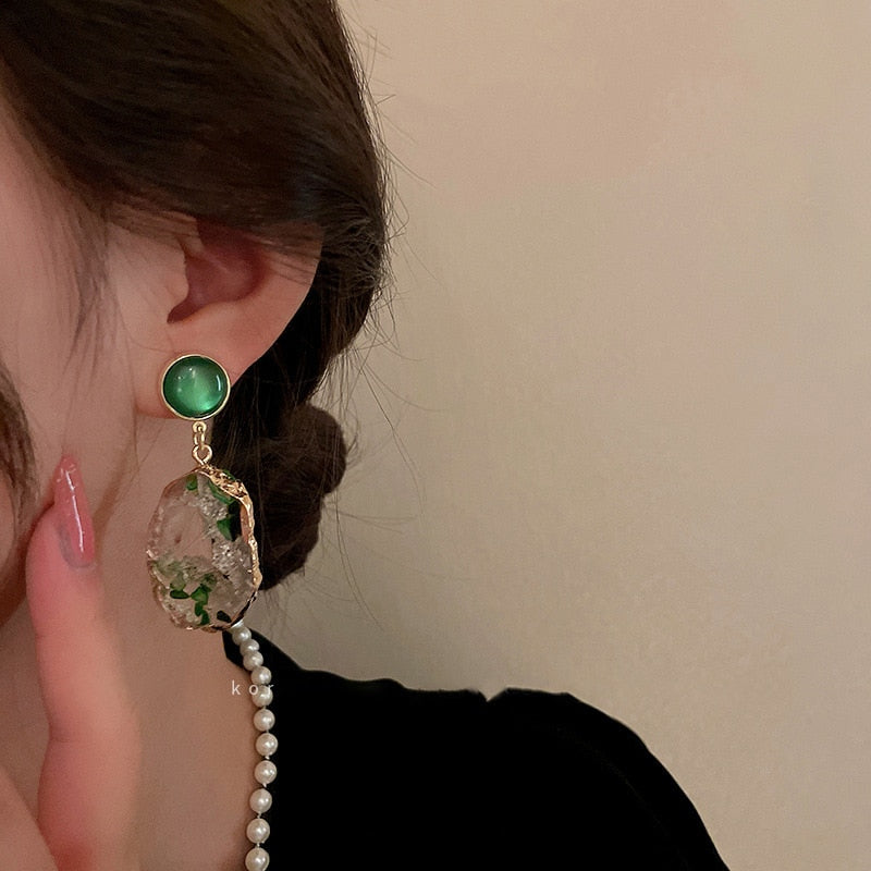 Green Geometric Resin Drop Earrings