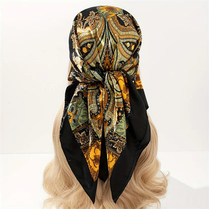 Handkerchiefs Hair Silk Scarf 90*90cm Print Satin Big Square Silk Scarves Shawls for Women Luxury Brand Designer Hijab Headband - Glam Duchess