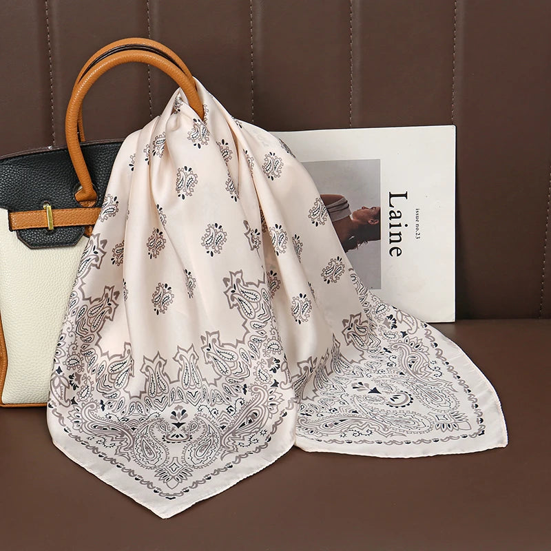 Luxury Satin Silk Square Scarf for Women, Printed Fashion Wrap, Shawl, Neckerchief