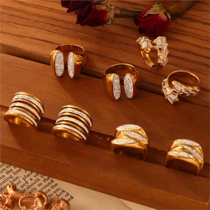 Waterproof Stainless Steel Cubic Zircon Gold Plated Rings