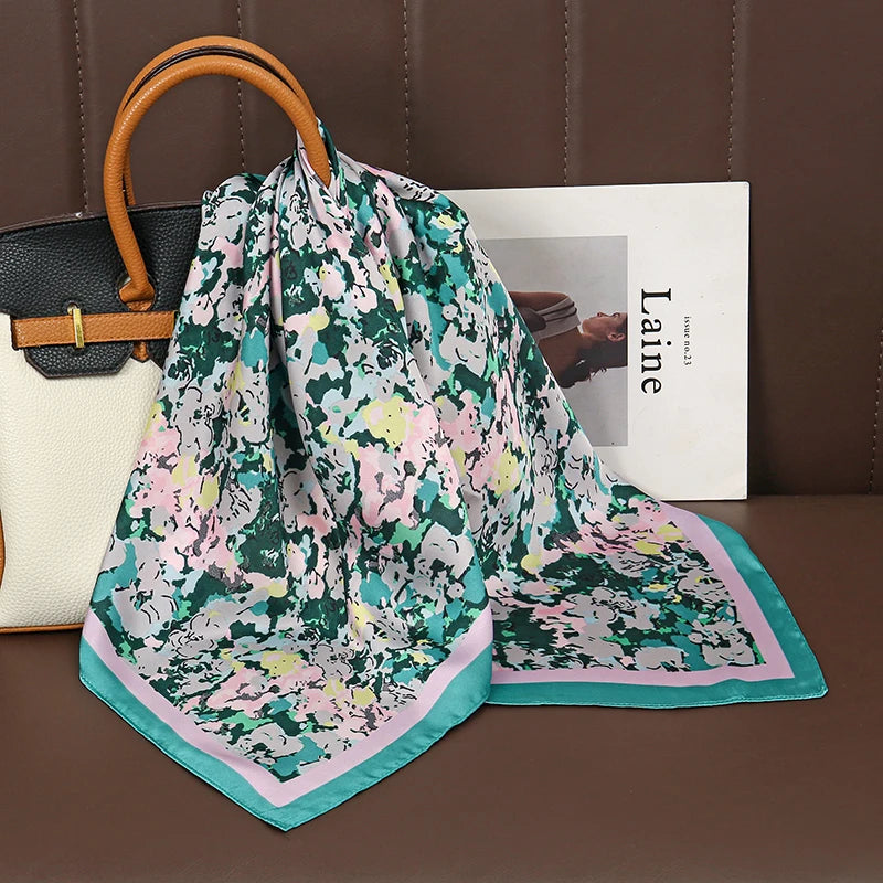Luxury Satin Silk Square Scarf for Women, Printed Fashion Wrap, Shawl, Neckerchief