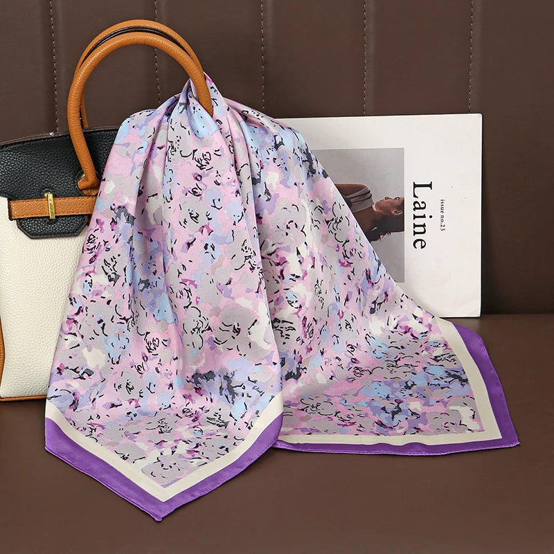 Luxury Satin Silk Square Scarf for Women, Printed Fashion Wrap, Shawl, Neckerchief