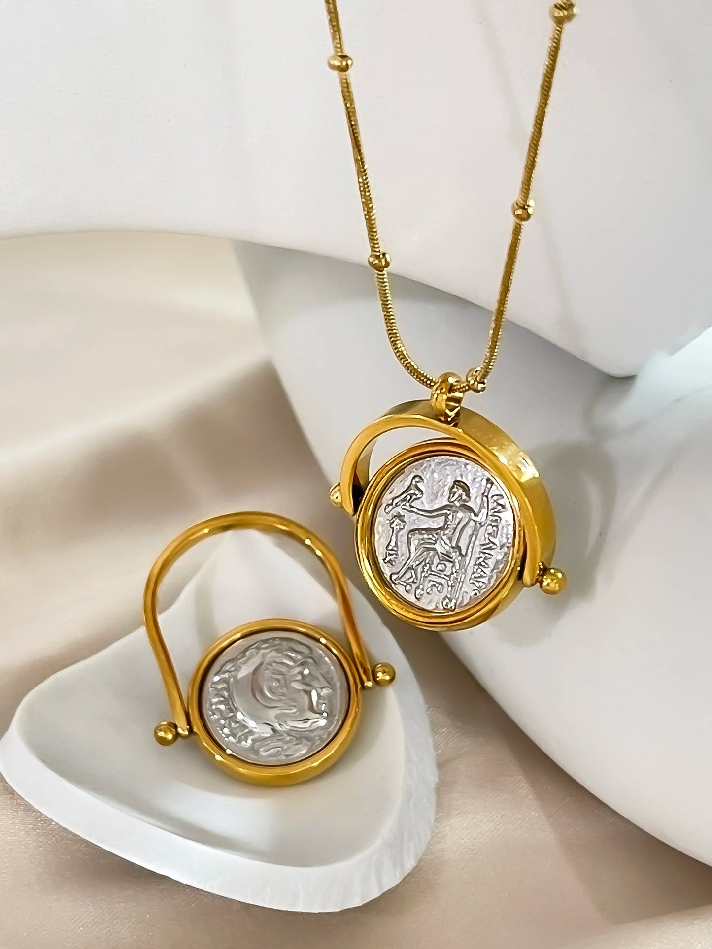 Stainless Steel Gold Silver Plated Greek Roman Coin Pendant Necklace Ring Jewelry Set