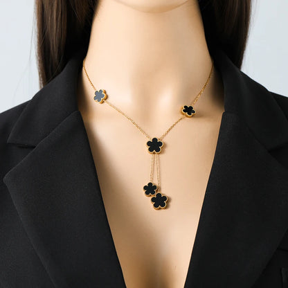 Stainless Steel Black Five Leaf Clover Tassel Pendant Necklace