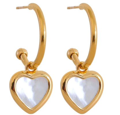 Natural Shell Heart Drop Stainless Steel Gold Color Hoop Earrings