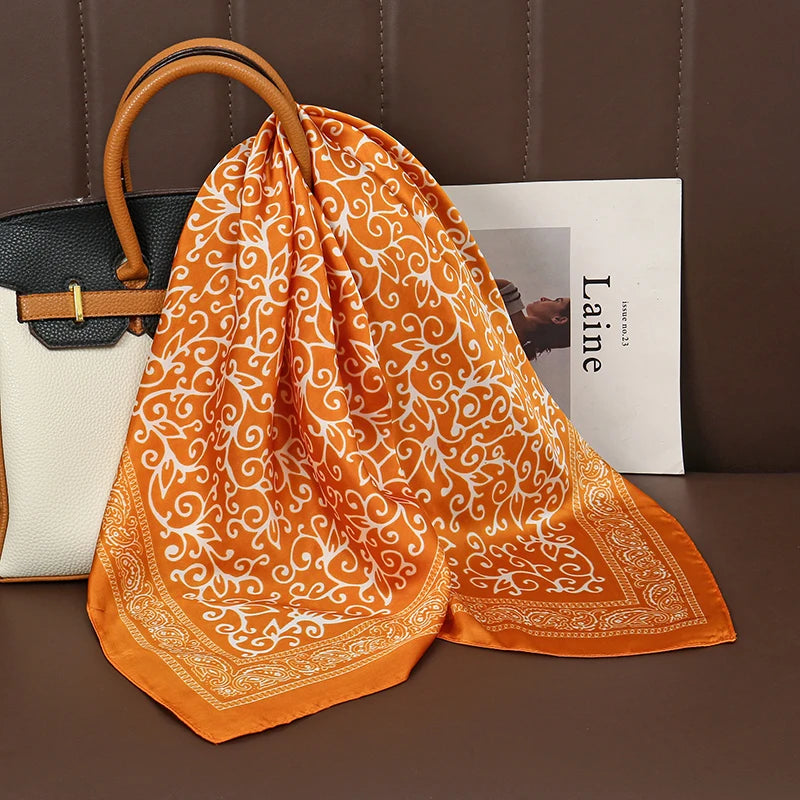 Luxury Satin Silk Square Scarf for Women, Printed Fashion Wrap, Shawl, Neckerchief