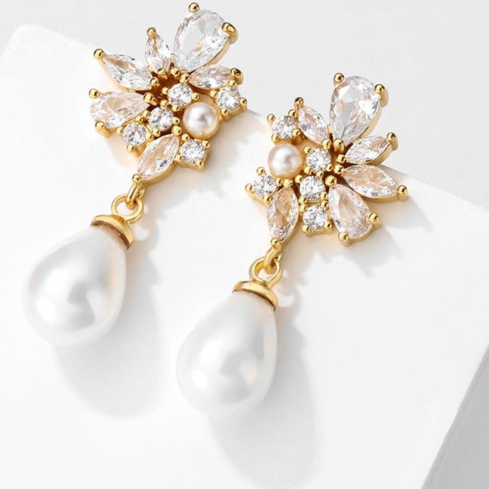 Elegant Bridal Pearl and Cubic Zirconia Drop Earrings