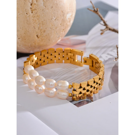 18K Gold Plated Natural Pearls Cuban Chain 316L Stainless Steel Bracelet Bangle