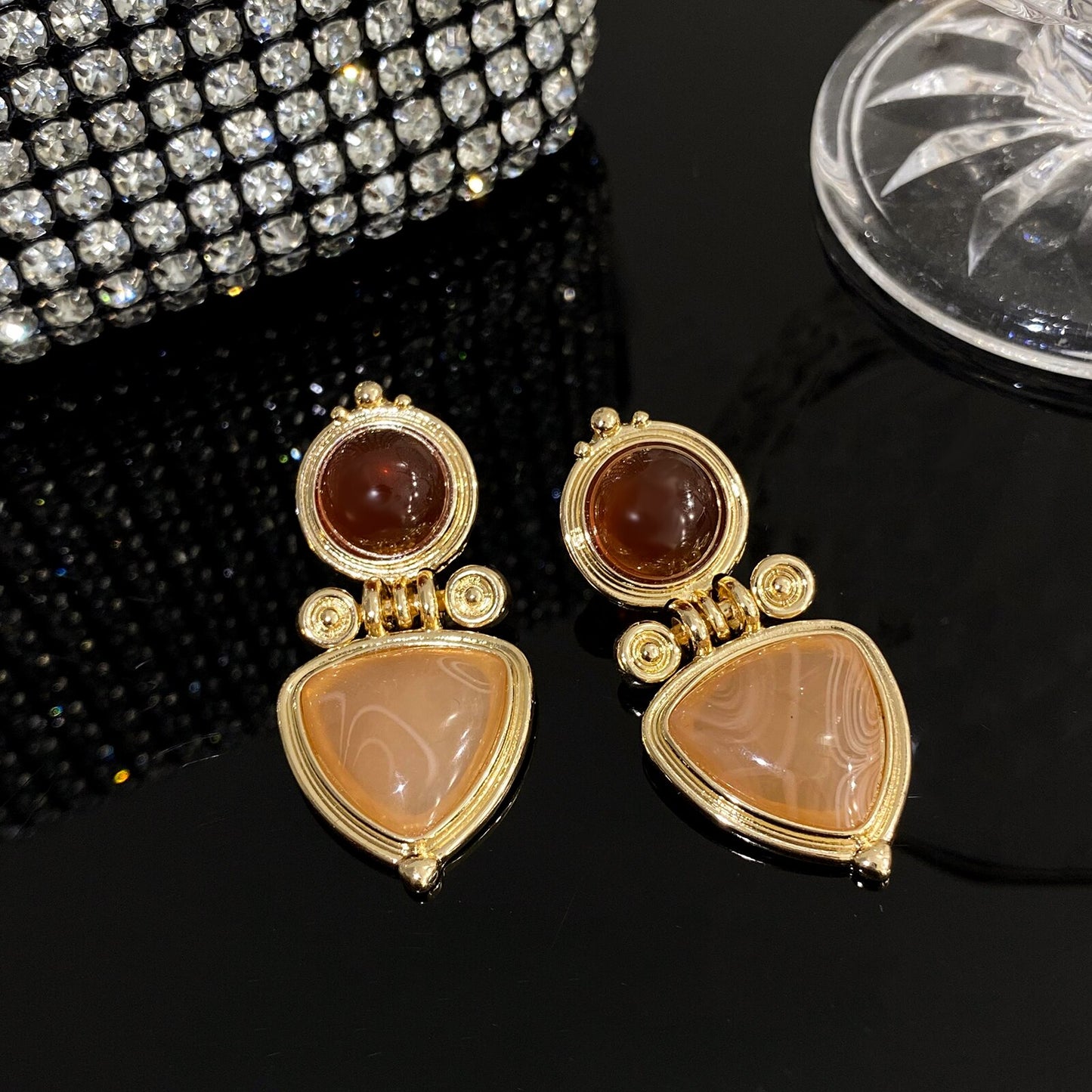 Retro Natural Stone Geometric Drop Earrings with Intricate Patterns