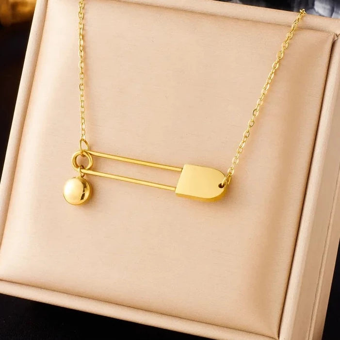 Gold Stainless Steel Paperclip Ball Pendant Necklace