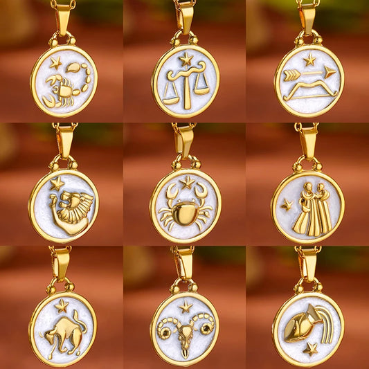 Double Sided Zodiac Sign Astrology Stainless Steel 12 Constellation Pendant Necklace