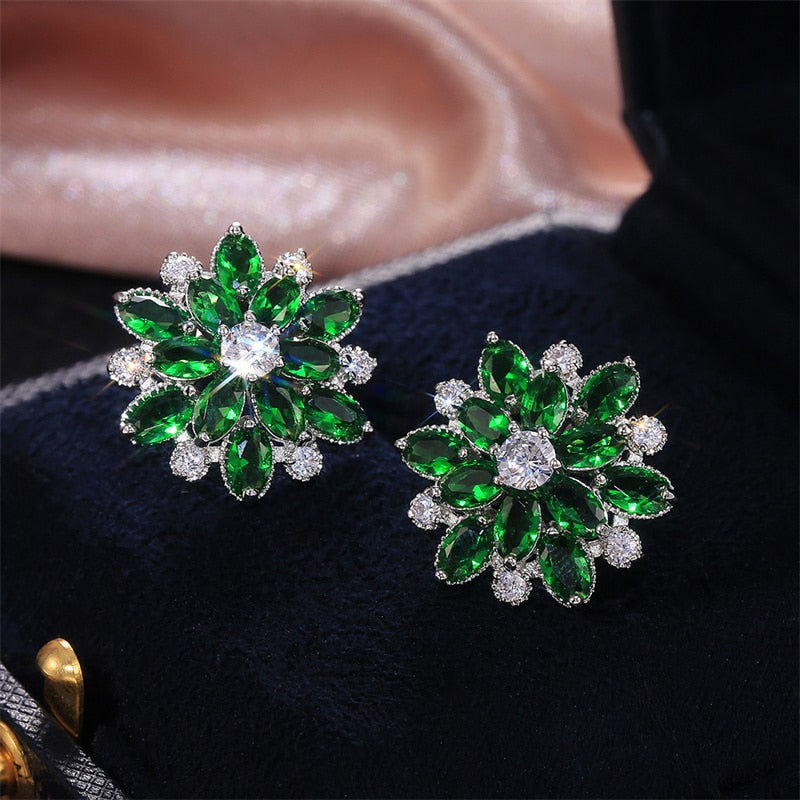 Floral Geometric Cubic Zirconia Stud Earrings