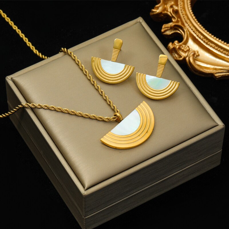 Luxurious Stainless Steel Geometric Jewelry Set with Stone Accents