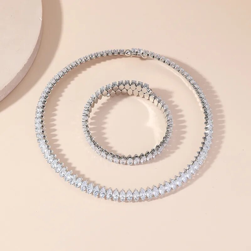 Exquisite Geometric Choker Necklace Bracelet Set with Cubic Zirconia