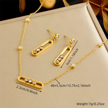 316L Stainless Rounded Rectangle Creative Movable White Crystal Necklace Bracelet Earring Set