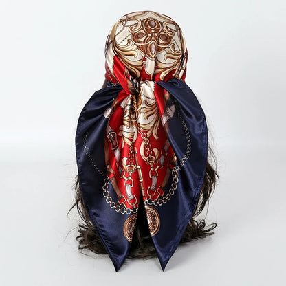 Handkerchiefs Hair Silk Scarf 90*90cm Print Satin Big Square Silk Scarves Shawls for Women Luxury Brand Designer Hijab Headband - Glam Duchess