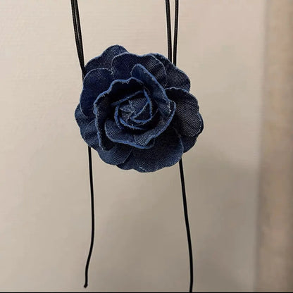 Denim Rose Pendant Rope Chain Necklace