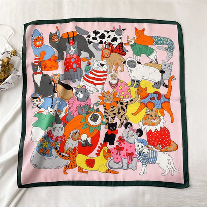 Whimsical Cartoon Cat Silk-Feel Scarf – Square Head Wrap & Neckerchief