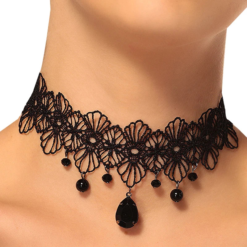 Vintage Gothic Lace Choker, Black Crystal Pendant Charm Choker Necklace