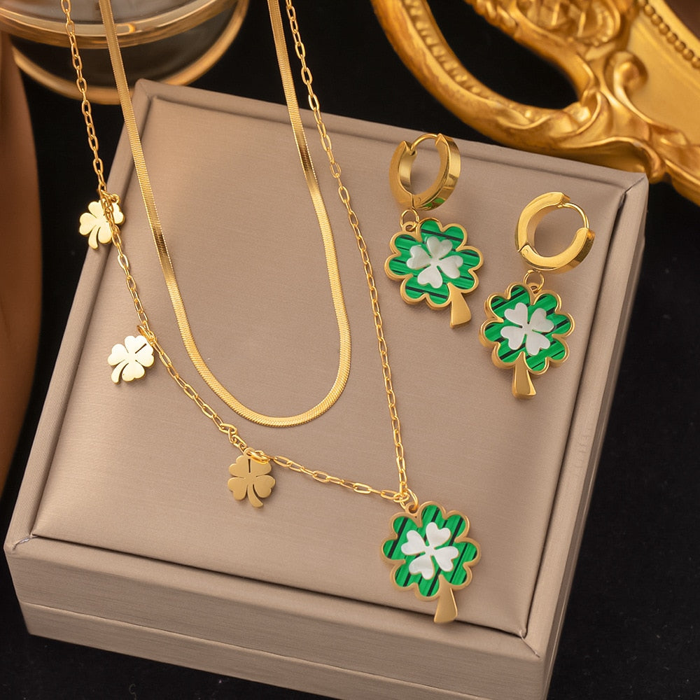 Gold Heart Shape Stainless Steel Turkish Earrings Necklace Set - Elegant Heart Shaped Turkish Jewelry Set