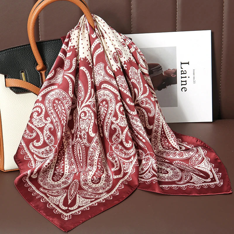 Luxury Satin Silk Square Scarf for Women, Printed Fashion Wrap, Shawl, Neckerchief