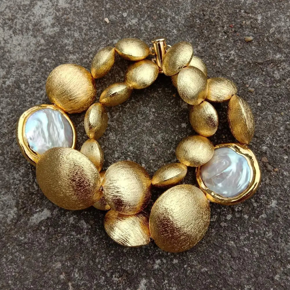 White Coin Pearl and Brushed Bead Strand Bracelet with Gold Plating