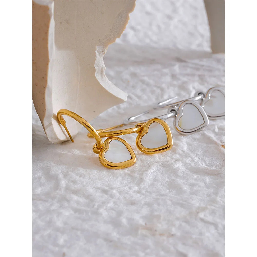 Natural Shell Heart Drop Stainless Steel Gold Color Hoop Earrings