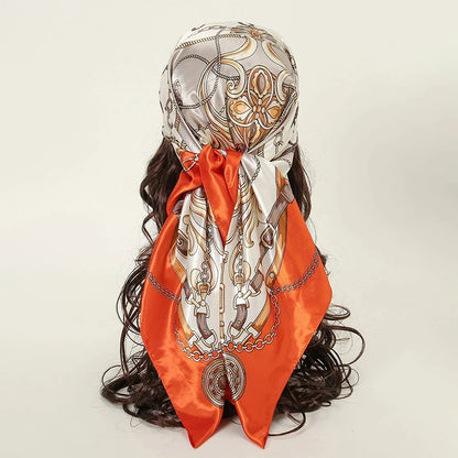 Handkerchiefs Hair Silk Scarf 90*90cm Print Satin Big Square Silk Scarves Shawls for Women Luxury Brand Designer Hijab Headband - Glam Duchess