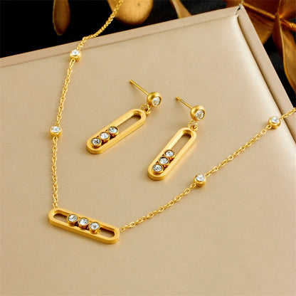 316L Stainless Rounded Rectangle Creative Movable White Crystal Necklace Bracelet Earring Set