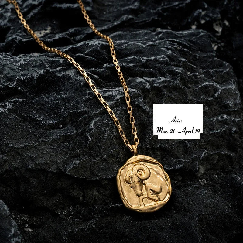 Gold Plated Stainless Steel 12 Zodiac Signs Coin Pendant Necklace