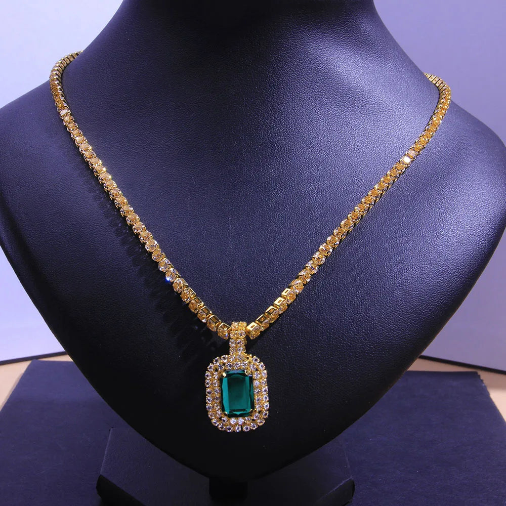 Square Green Crystal Pendant Necklace Statement Jewelry