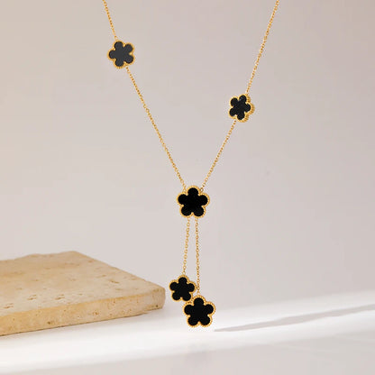 Stainless Steel Black Five Leaf Clover Tassel Pendant Necklace
