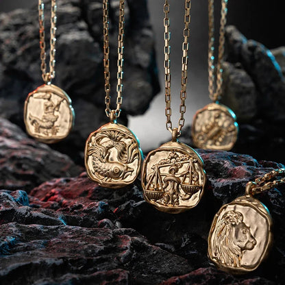 Gold Plated Stainless Steel 12 Zodiac Signs Coin Pendant Necklace