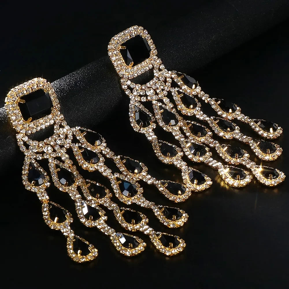 Chunky Black Crystal Tassel Earrings with Rhinestone and Copper
