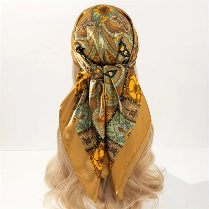 Handkerchiefs Hair Silk Scarf 90*90cm Print Satin Big Square Silk Scarves Shawls for Women Luxury Brand Designer Hijab Headband - Glam Duchess