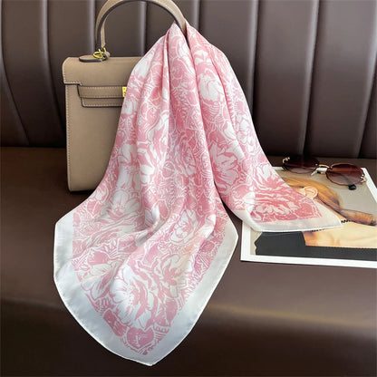 Luxury Satin Silk Square Scarf for Women, Printed Fashion Wrap, Shawl, Neckerchief