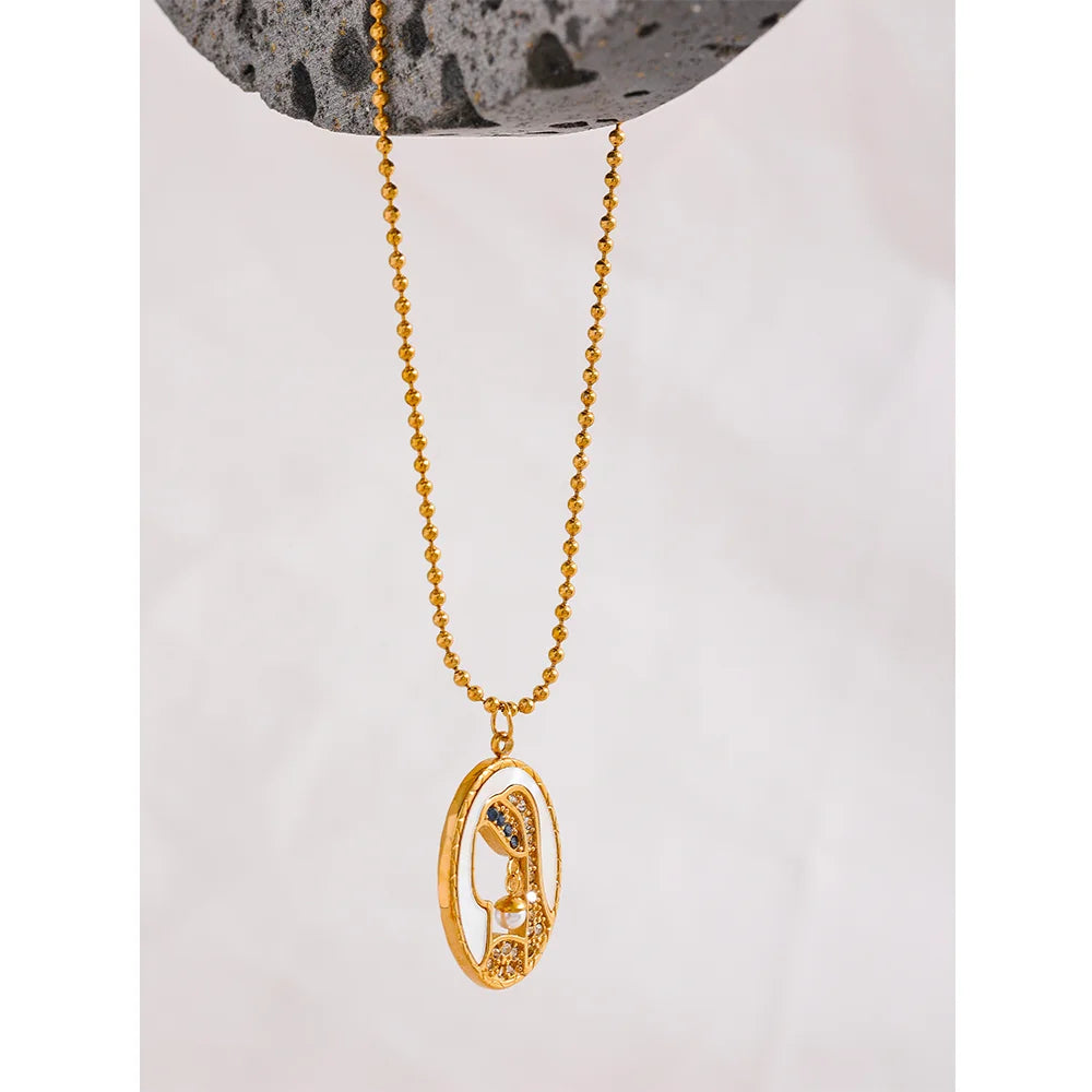 Gold Plated Stainless steel Natural Shell Zircon Portrait Pendant Chain Necklace