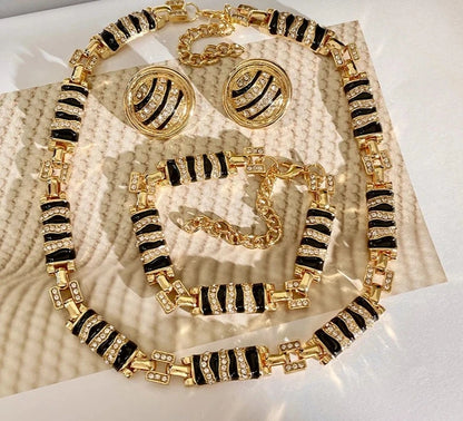 Modern Luxury Gold Black Necklace Earrings Bracelet Set