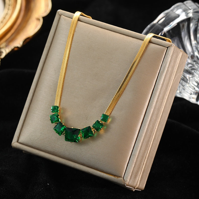 Green Zirconia Stainless Steel Geometric Chain Choker Necklace