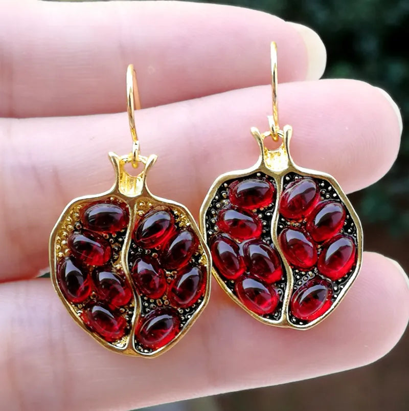 Boho Vintage Gold Pomegranate Drop Earrings With Natural Red Garnet