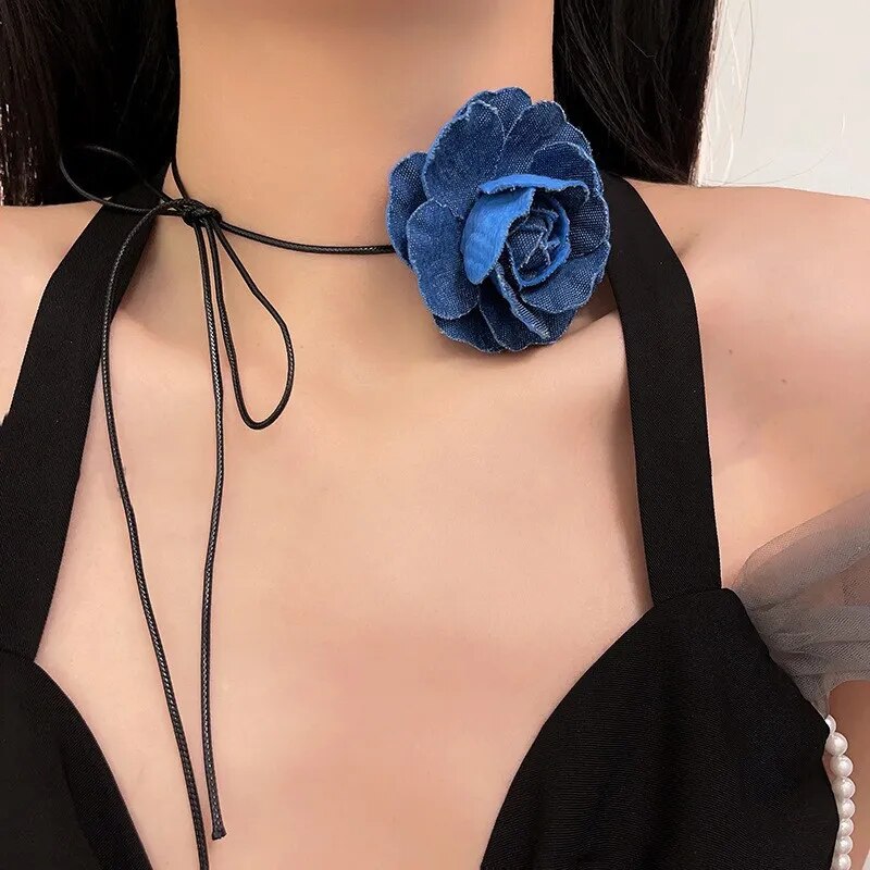 Denim Rose Pendant Rope Chain Necklace