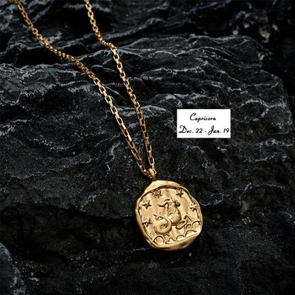 Gold Plated Stainless Steel 12 Zodiac Signs Coin Pendant Necklace