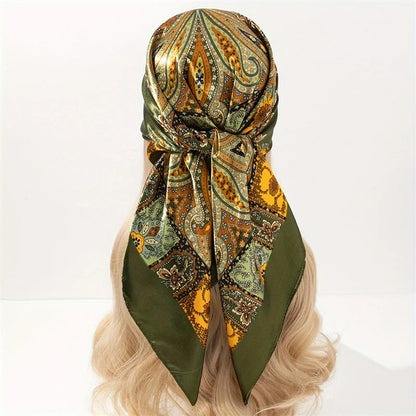 Handkerchiefs Hair Silk Scarf 90*90cm Print Satin Big Square Silk Scarves Shawls for Women Luxury Brand Designer Hijab Headband - Glam Duchess