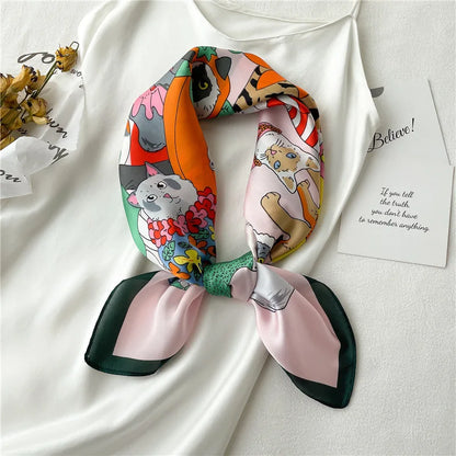 Whimsical Cartoon Cat Silk-Feel Scarf – Square Head Wrap & Neckerchief