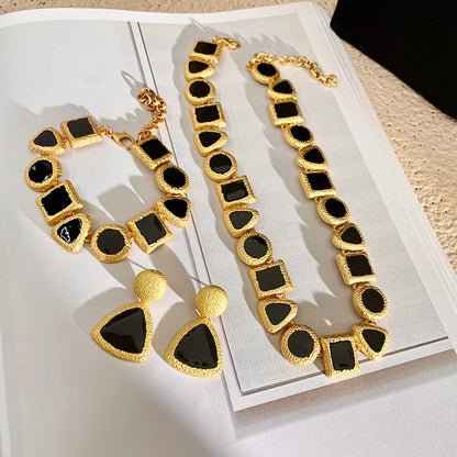 Modern Black Gold Necklace, Earrings and bracelet Jewelry Set