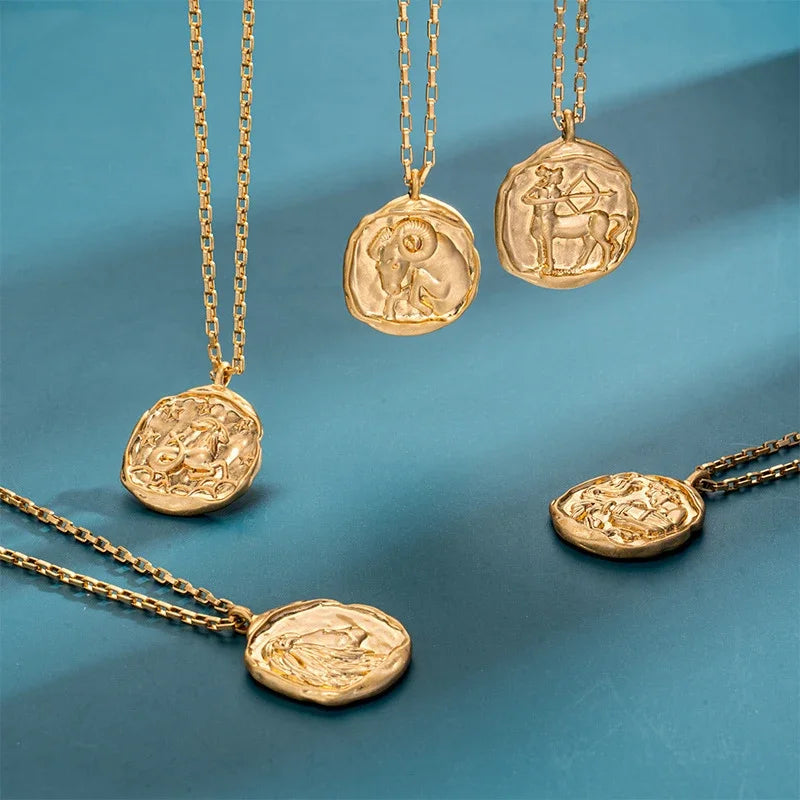 Gold Plated Stainless Steel 12 Zodiac Signs Coin Pendant Necklace