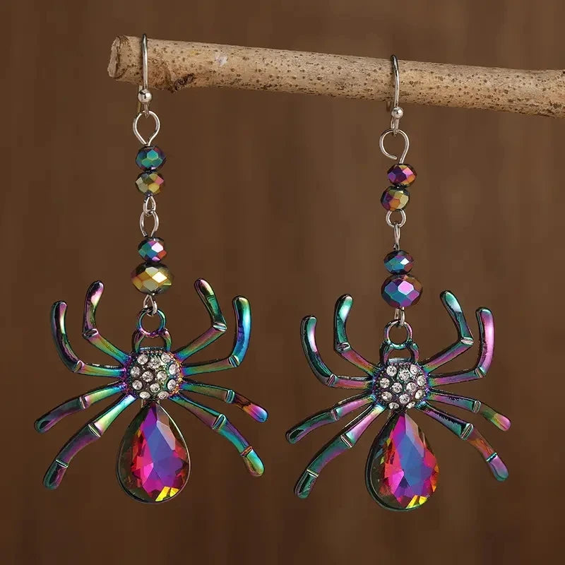 Halloween Colorful Spider Design Shiny Crystal Inlaid Dangle Earrings