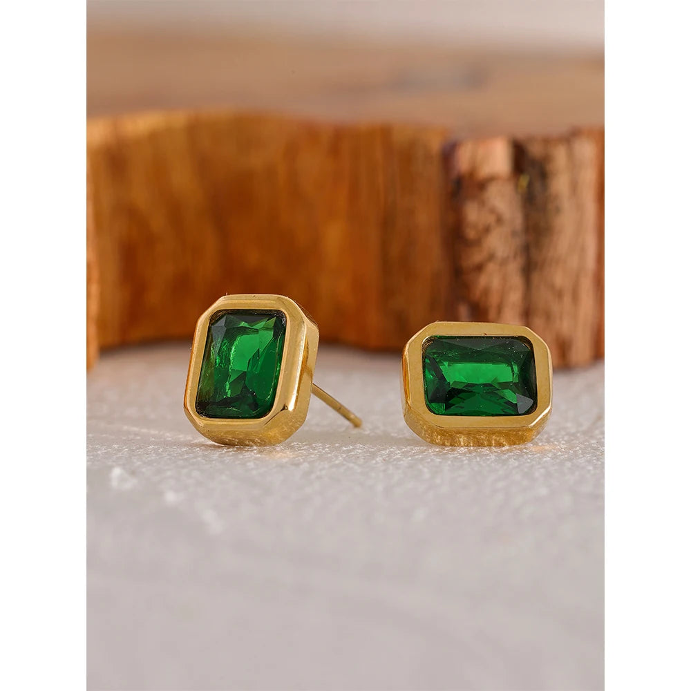 Geometric Square CZ Stud Earrings - White Green Stainless Steel Jewelry