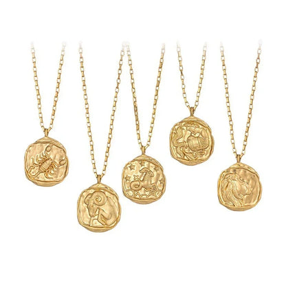 Gold Plated Stainless Steel 12 Zodiac Signs Coin Pendant Necklace