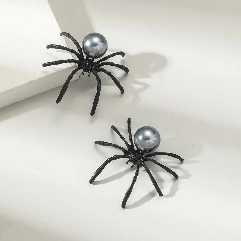 Halloween Gothic Spider-Inspired Black Punk Earrings with Simulated Pearl